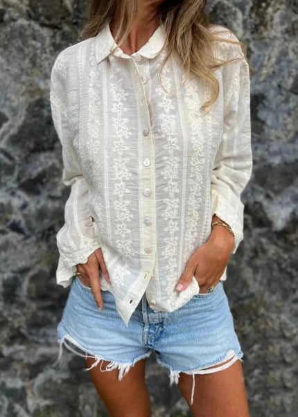 Floral Embroidered Button Down Shirt - Trendsi