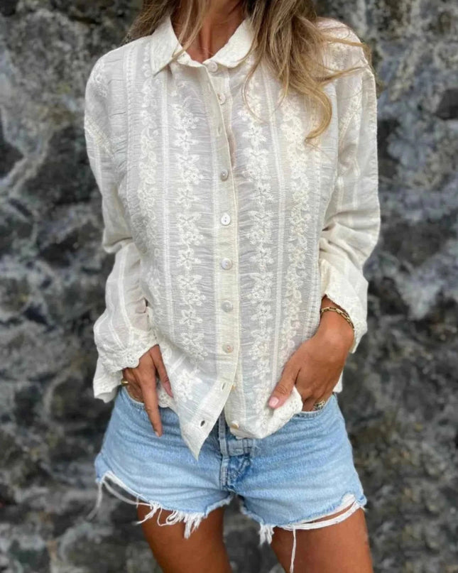 Floral Embroidered Button Down Shirt - Trendsi