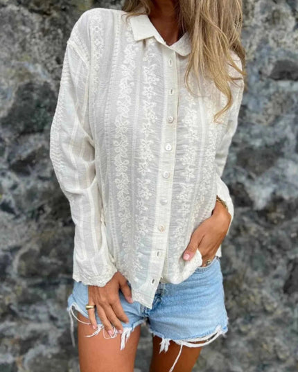 Floral Embroidered Button Down Shirt - Trendsi