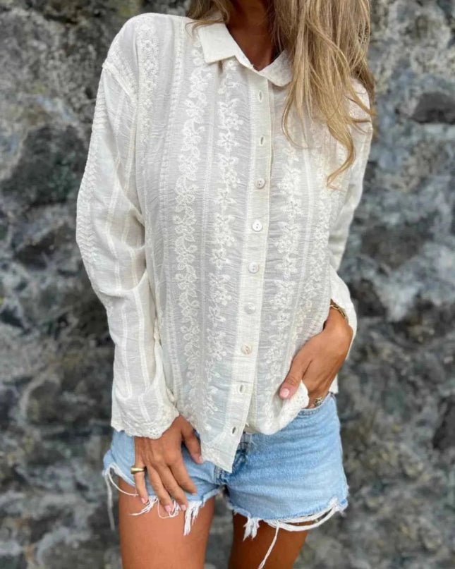 Floral Embroidered Button Down Shirt - Trendsi
