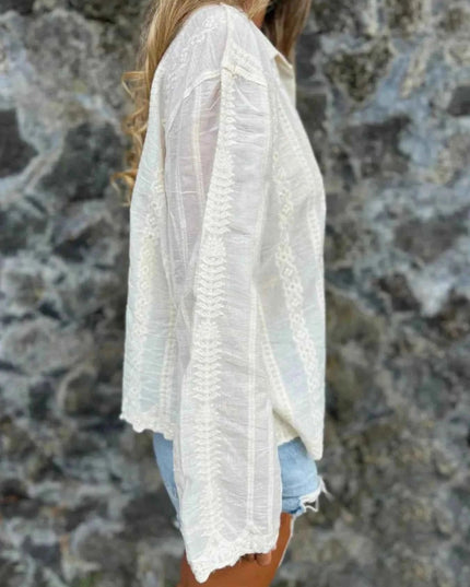 Floral Embroidered Button Down Shirt - Trendsi