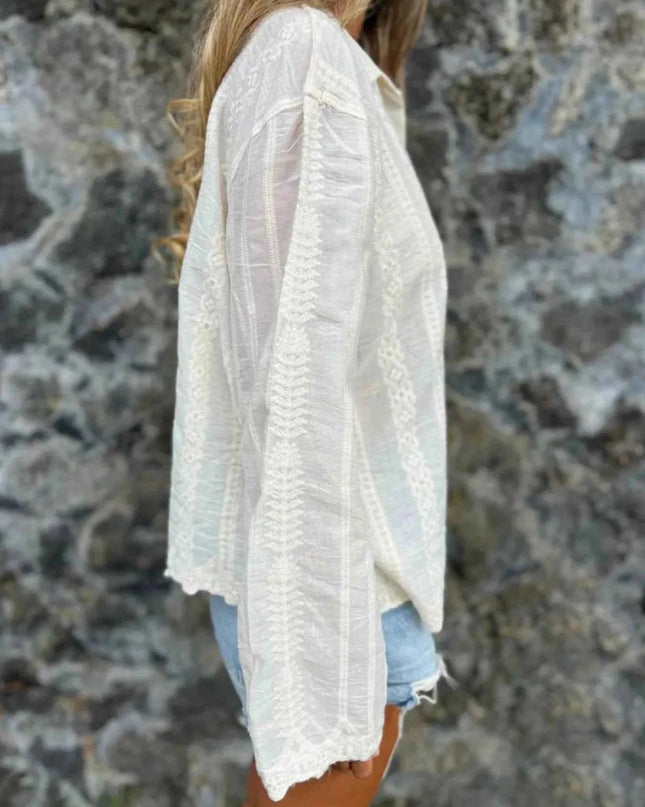 Floral Embroidered Button Down Shirt - Trendsi