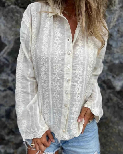 Floral Embroidered Button Down Shirt - Trendsi