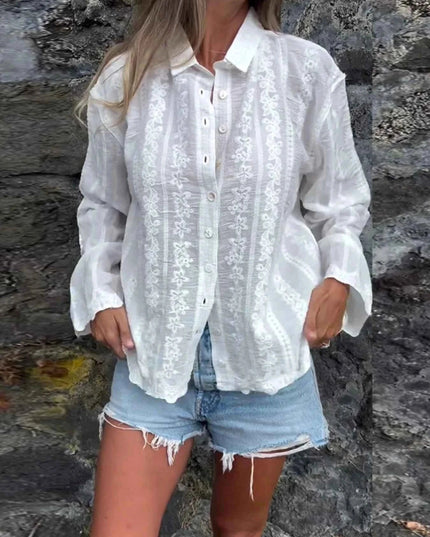 Floral Embroidered Button Down Shirt - Trendsi