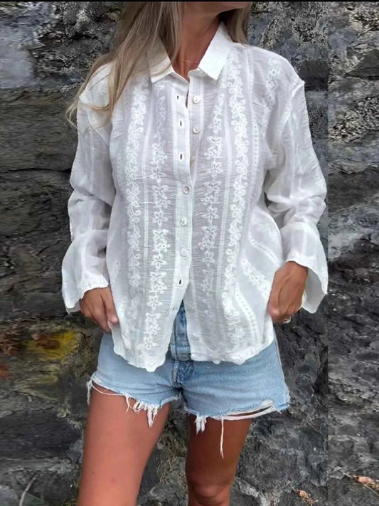 Floral Embroidered Button Down Shirt - Trendsi