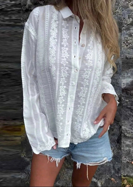 Floral Embroidered Button Down Shirt - Trendsi