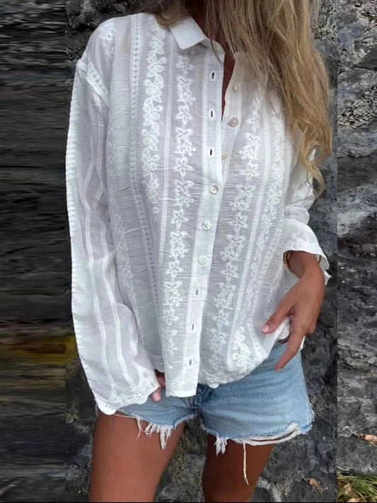 Floral Embroidered Button Down Shirt - Trendsi