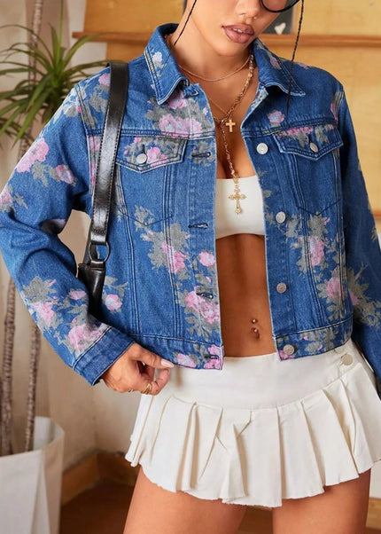 Floral Print Cropped Denim Jacket - Trendsi