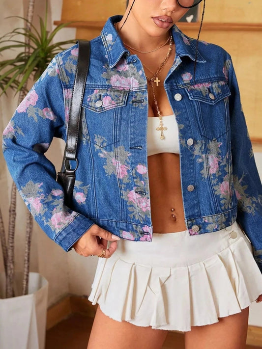 Floral Print Cropped Denim Jacket - Trendsi