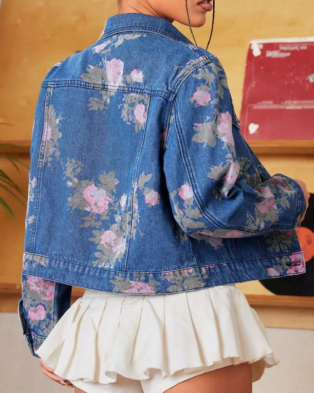 Floral Print Cropped Denim Jacket - Trendsi