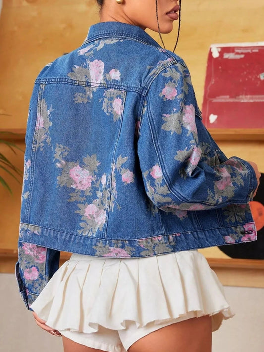 Floral Print Cropped Denim Jacket - Trendsi