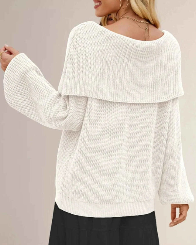 Fold - Over Collar Long Sleeve Sweater - Trendsi