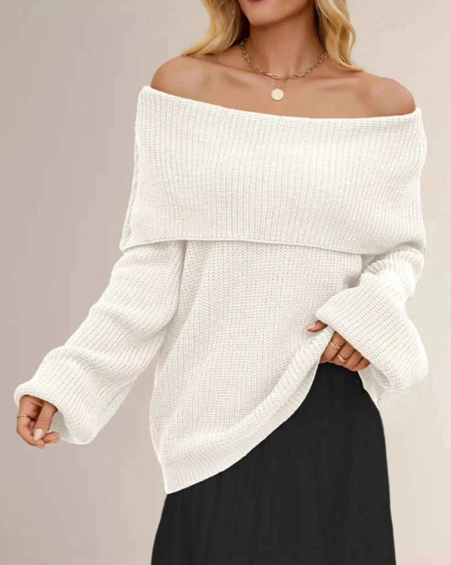 Fold - Over Collar Long Sleeve Sweater - Trendsi