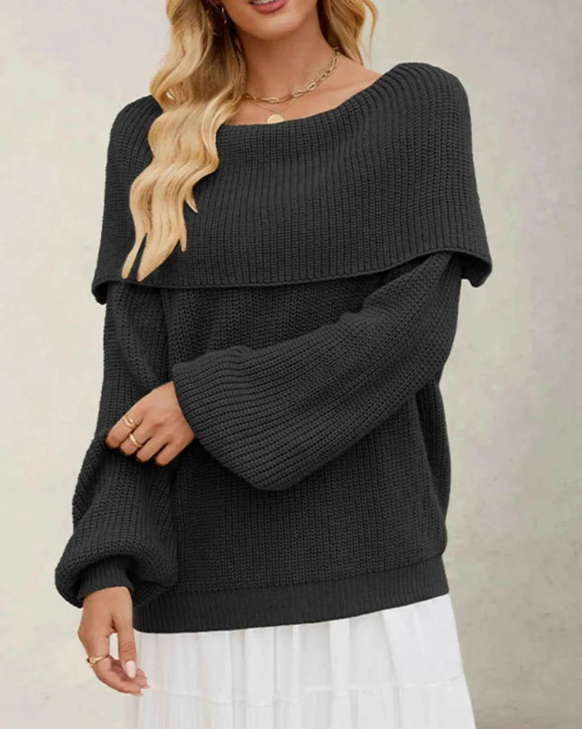 Fold - Over Collar Long Sleeve Sweater - Trendsi