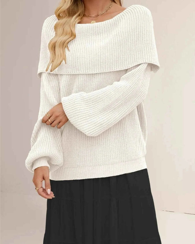 Fold - Over Collar Long Sleeve Sweater - Trendsi