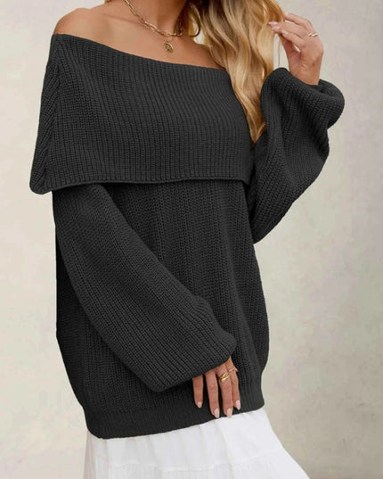 Fold - Over Collar Long Sleeve Sweater - Trendsi