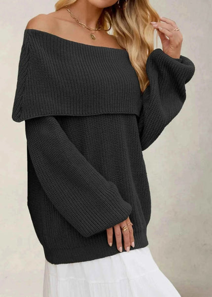 Fold - Over Collar Long Sleeve Sweater - Trendsi