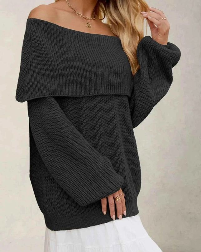 Fold - Over Collar Long Sleeve Sweater - Trendsi