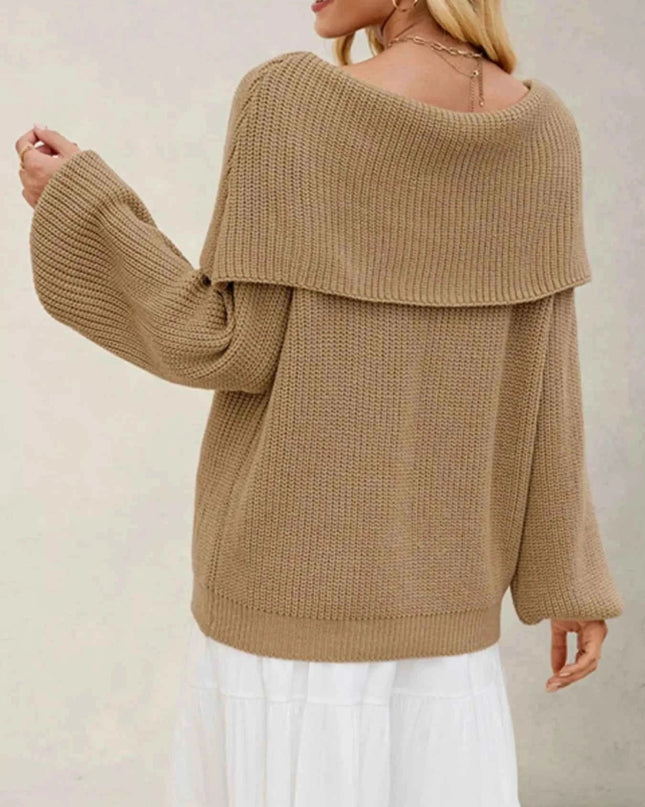 Fold - Over Collar Long Sleeve Sweater - Trendsi