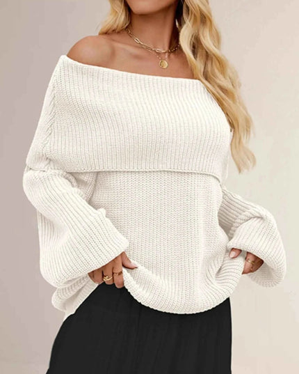 Fold - Over Collar Long Sleeve Sweater - Trendsi