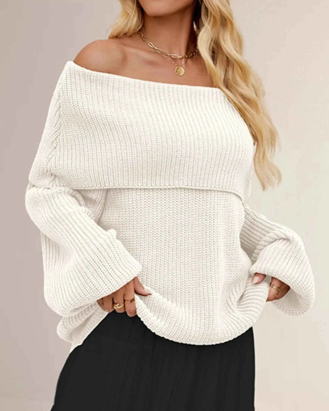 Fold - Over Collar Long Sleeve Sweater - Trendsi