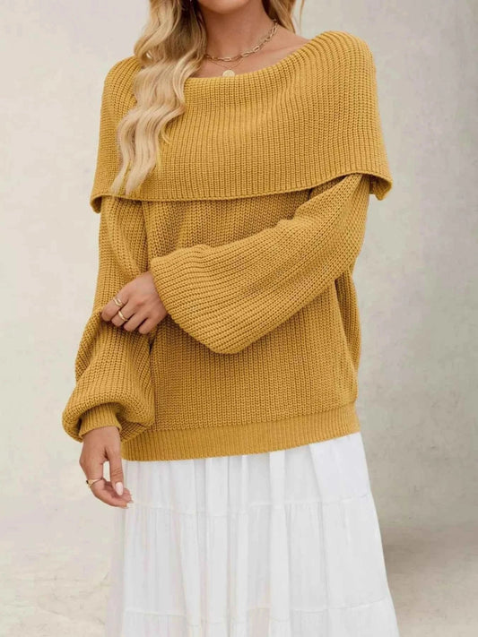 Fold - Over Collar Long Sleeve Sweater - Trendsi