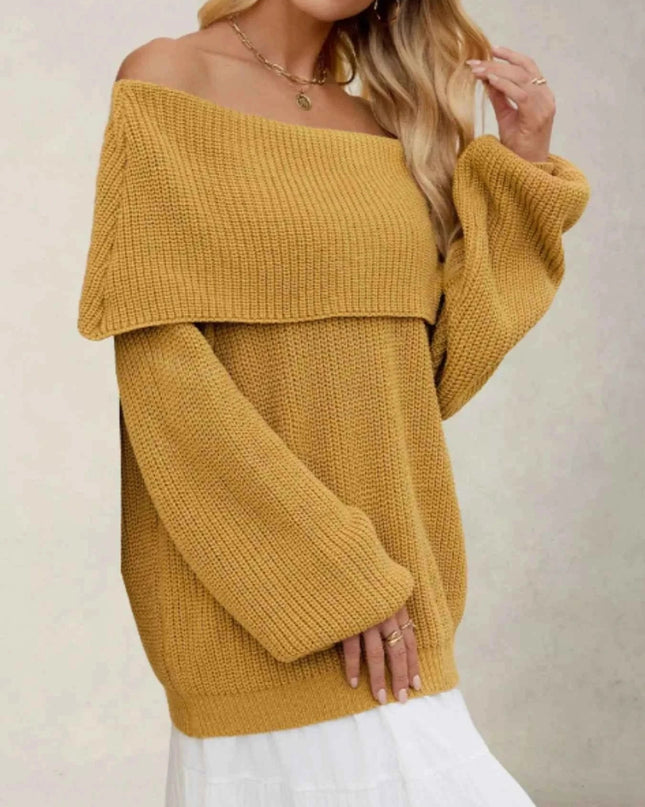 Fold - Over Collar Long Sleeve Sweater - Trendsi