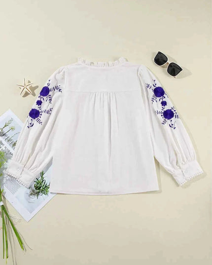 Frill Floral Embroidered Shirt with Elegant Sleeves - Trendsi