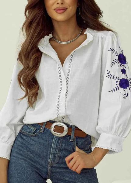 Frill Floral Embroidered Shirt with Elegant Sleeves - Trendsi