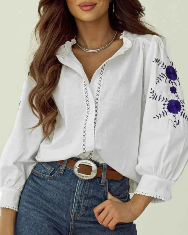 Frill Floral Embroidered Shirt with Elegant Sleeves - Trendsi