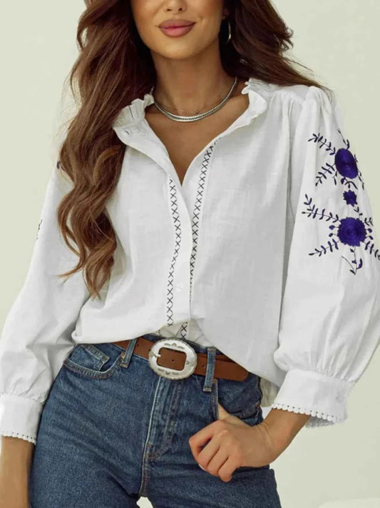 Frill Floral Embroidered Shirt with Elegant Sleeves - Trendsi