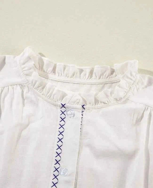 Frill Floral Embroidered Shirt with Elegant Sleeves - Trendsi