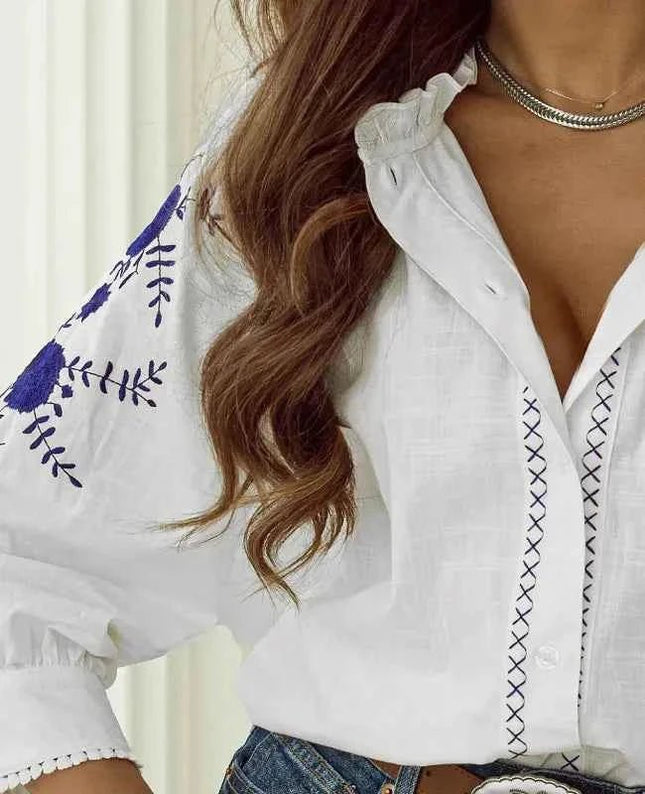 Frill Floral Embroidered Shirt with Elegant Sleeves - Trendsi