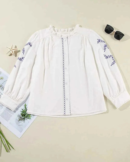 Frill Floral Embroidered Shirt with Elegant Sleeves - Trendsi