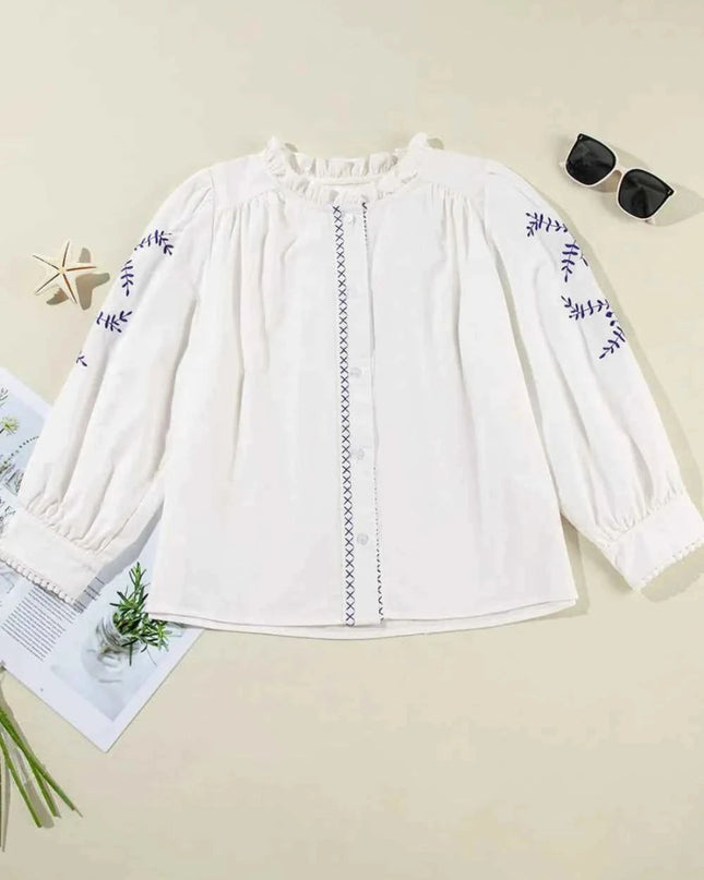 Frill Floral Embroidered Shirt with Elegant Sleeves - Trendsi