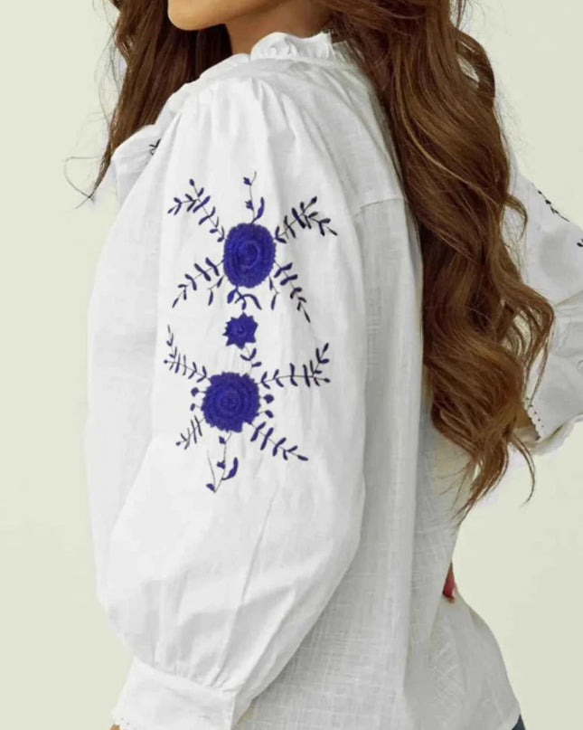 Frill Floral Embroidered Shirt with Elegant Sleeves - Trendsi