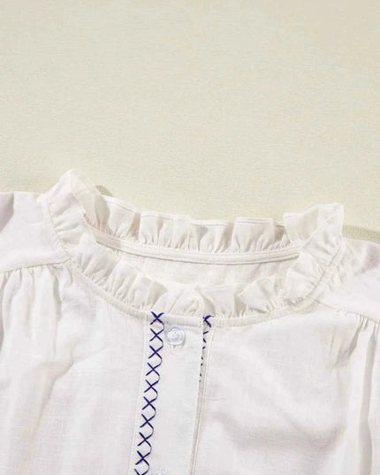 Frill Floral Embroidered Shirt with Elegant Sleeves - Trendsi