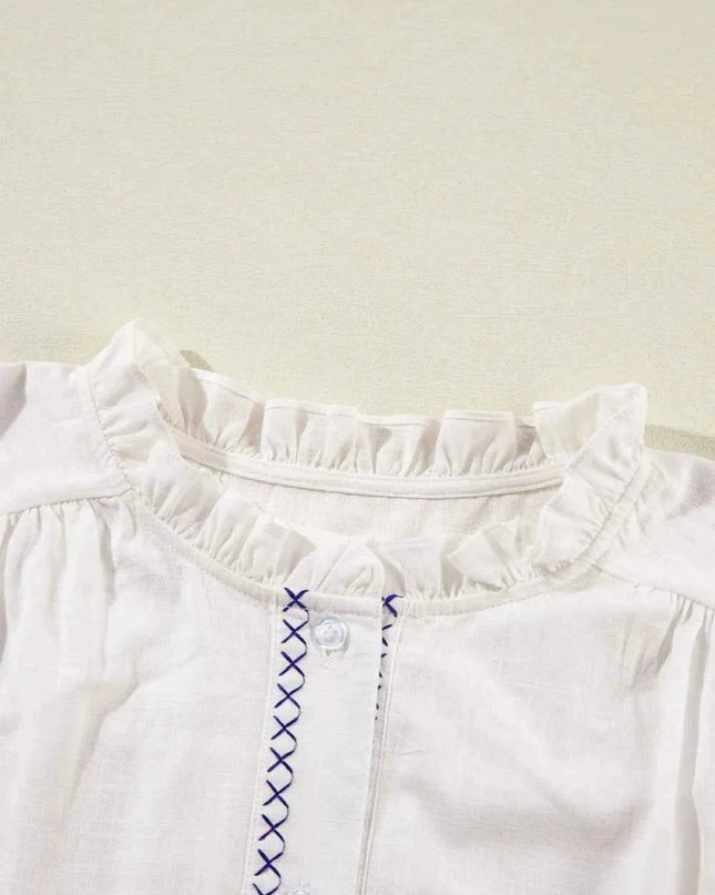 Frill Floral Embroidered Shirt with Elegant Sleeves - Trendsi