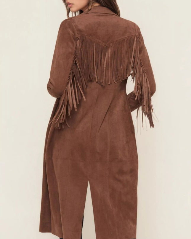Fringe Lapel Collar Long Sleeve Coat - Trendsi