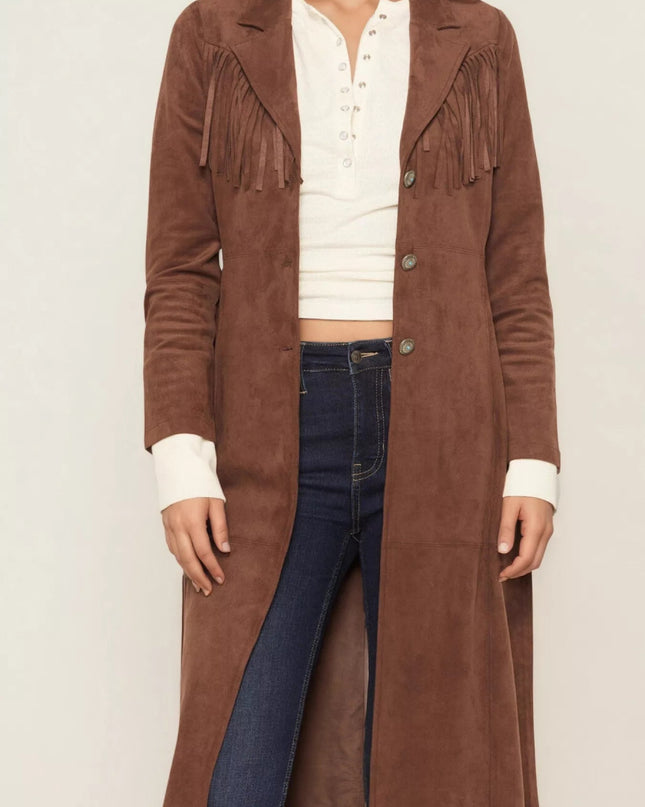 Fringe Lapel Collar Long Sleeve Coat - Trendsi