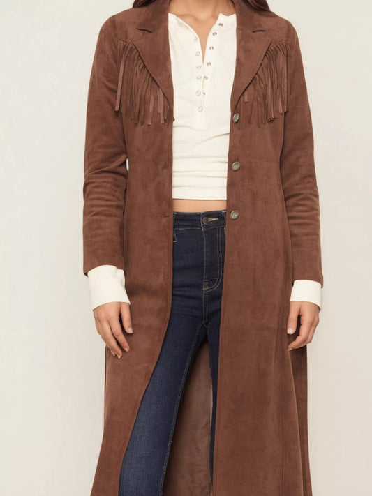 Fringe Lapel Collar Long Sleeve Coat - Trendsi