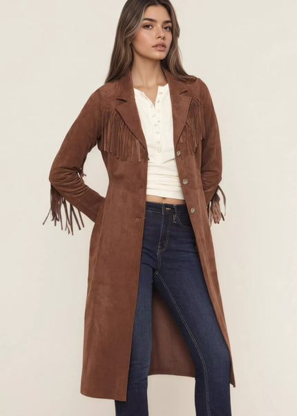 Fringe Lapel Collar Long Sleeve Coat - Trendsi