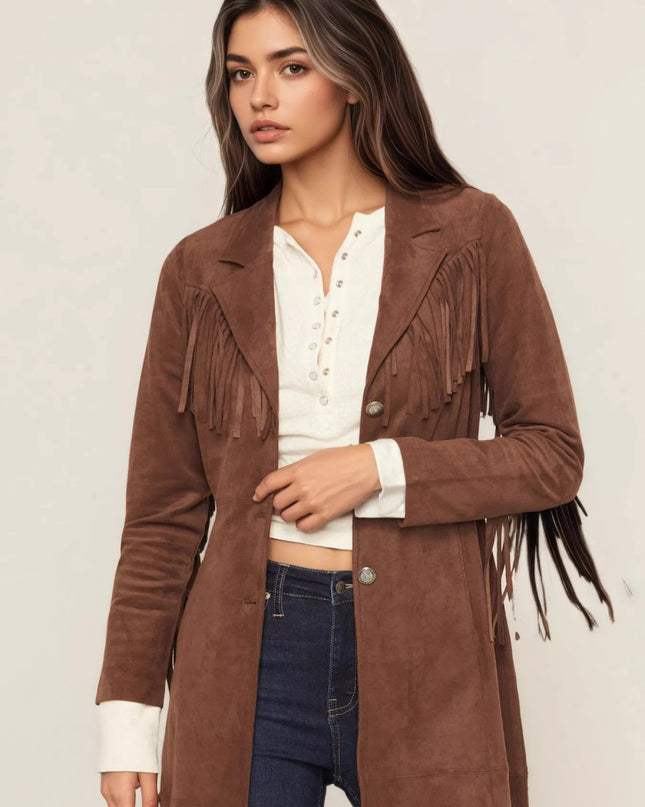 Fringe Lapel Collar Long Sleeve Coat - Trendsi