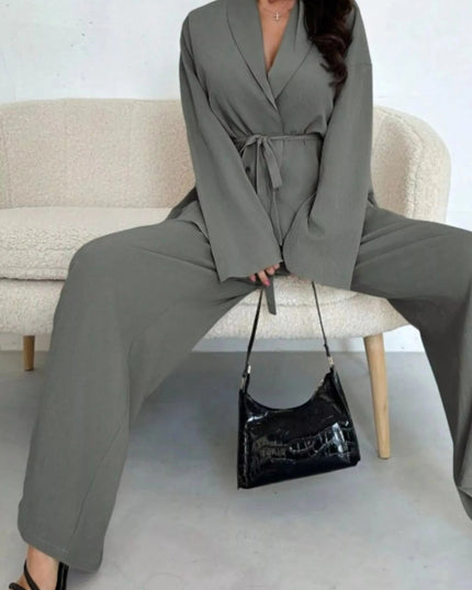 Front Tied Shirt and Wide - Leg Pants Set - Trendsi