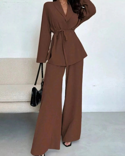 Front Tied Shirt and Wide - Leg Pants Set - Trendsi