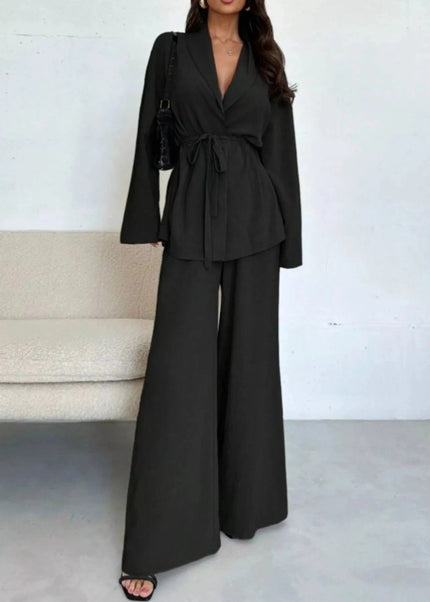Front Tied Shirt and Wide - Leg Pants Set - Trendsi