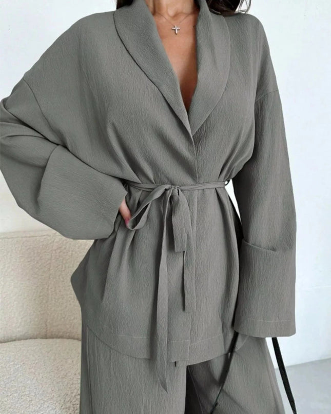 Front Tied Shirt and Wide - Leg Pants Set - Trendsi