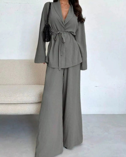 Front Tied Shirt and Wide - Leg Pants Set - Trendsi