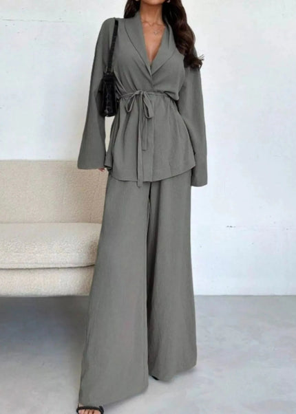 Front Tied Shirt and Wide - Leg Pants Set - Trendsi