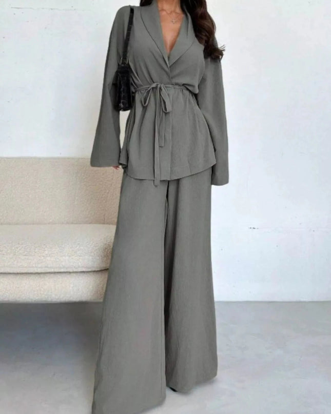 Front Tied Shirt and Wide - Leg Pants Set - Trendsi